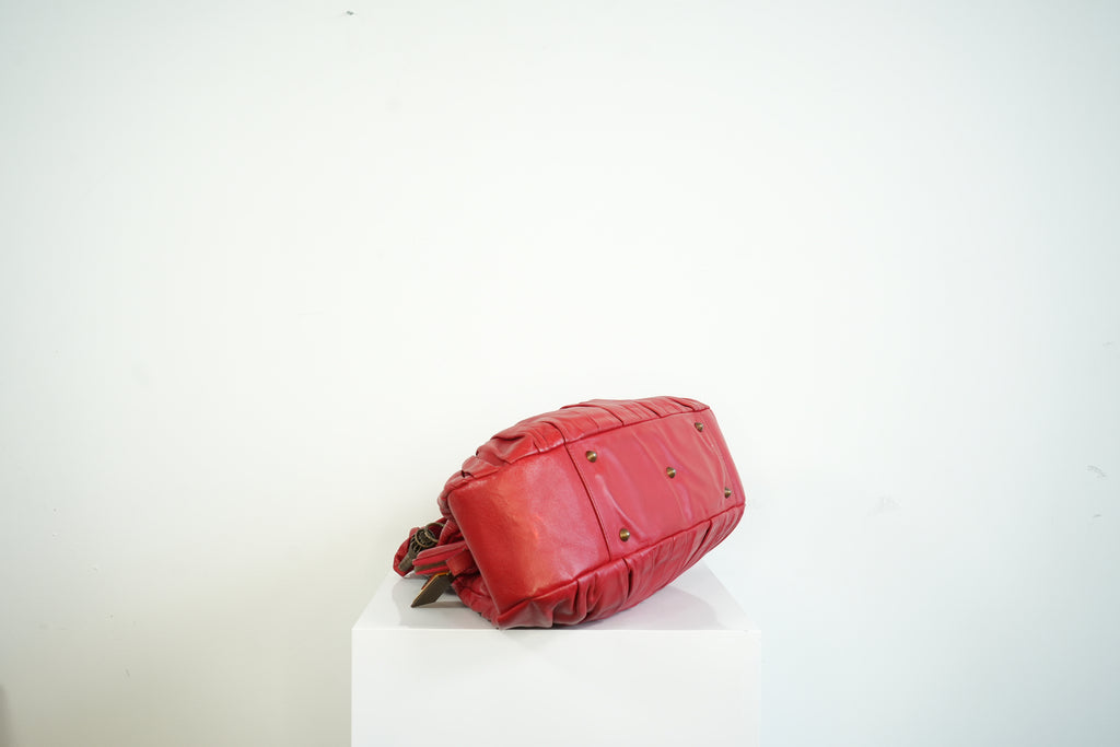 Christian Doir Plisse Large Pleated Red Lambskin Leather Handbag