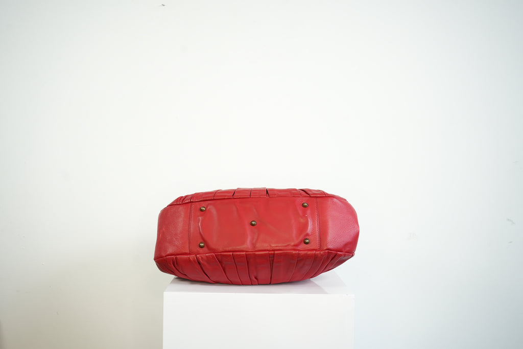 Christian Doir Plisse Large Pleated Red Lambskin Leather Handbag