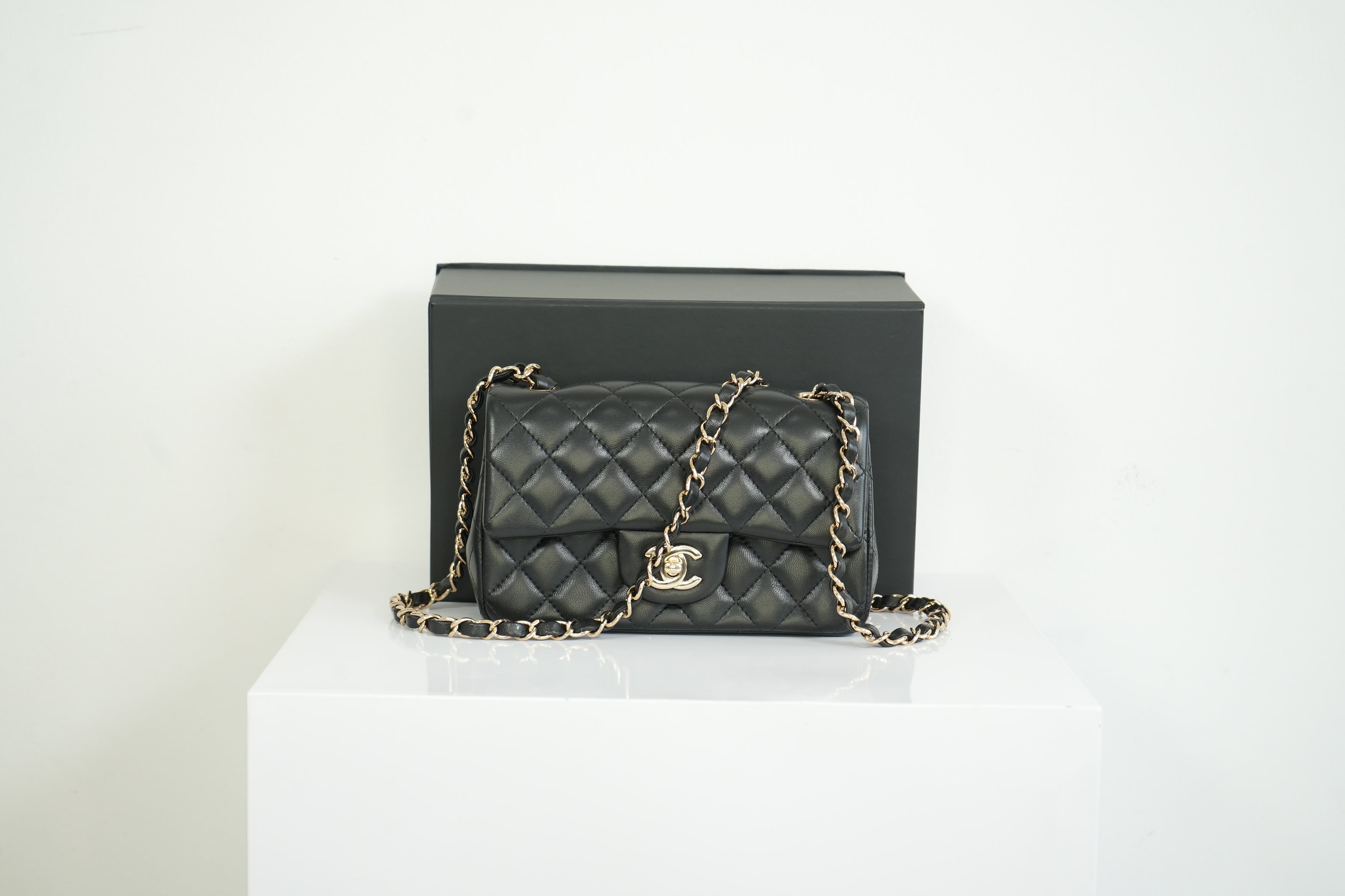 Chanel Mini Classic Black Lambskin W/Champagne Gold Flap Bag Full Set