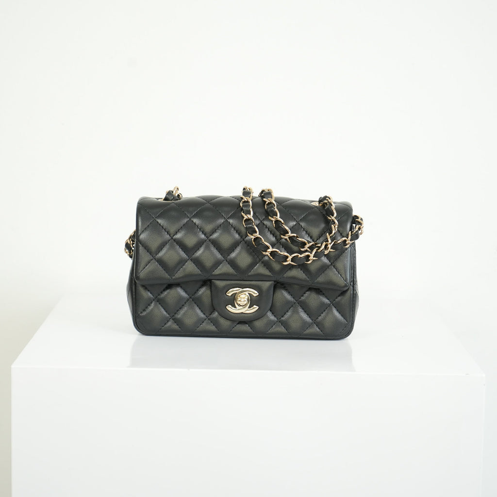 Chanel Mini Classic Black Lambskin W/Champagne Gold Flap Bag Full Set