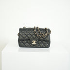 Chanel Mini Classic Black Lambskin W/Champagne Gold Flap Bag Full Set