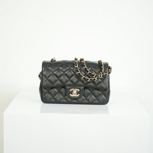 Chanel Mini Classic Black Lambskin W/Champagne Gold Flap Bag Full Set