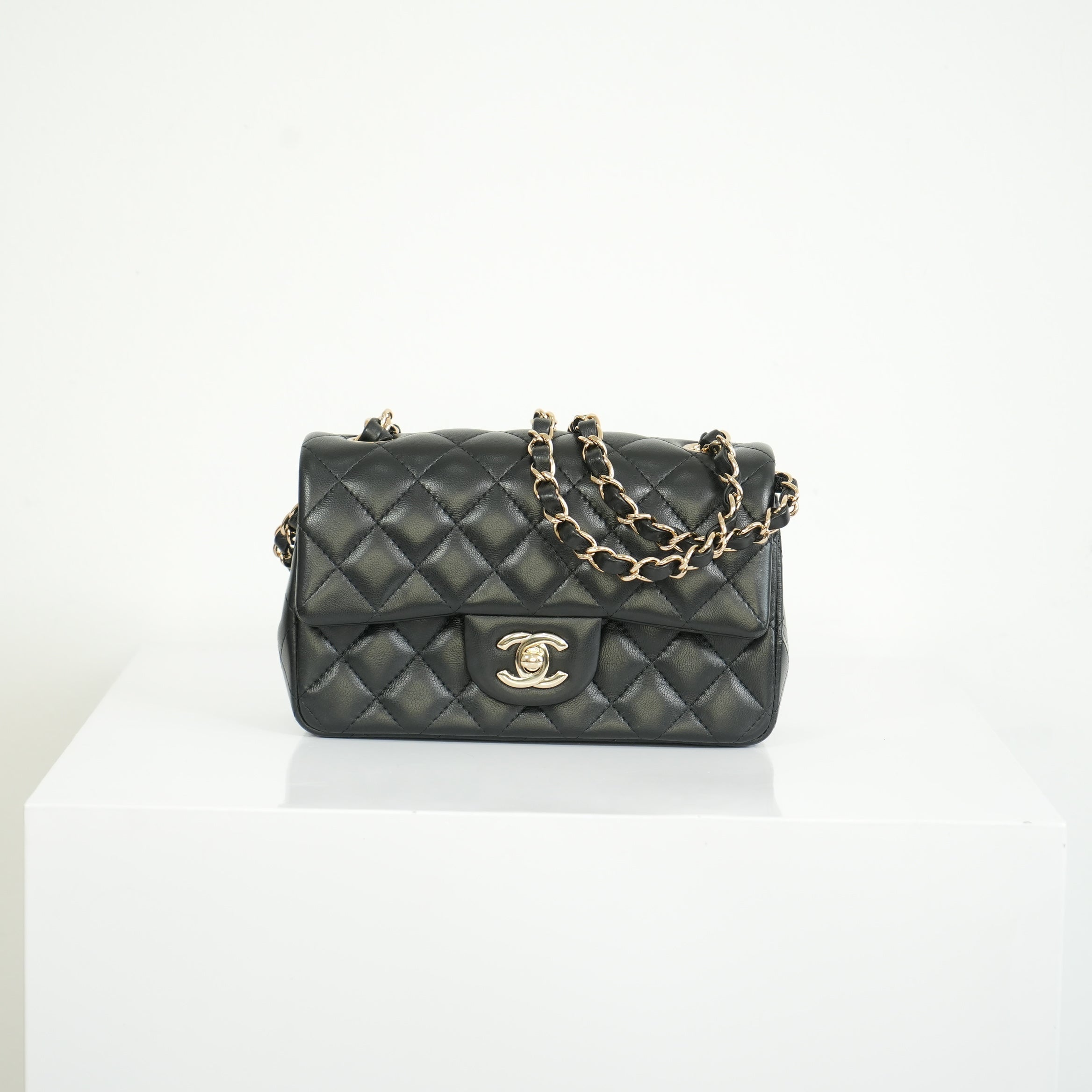 Chanel Mini Classic Black Lambskin W/Champagne Gold Flap Bag Full Set