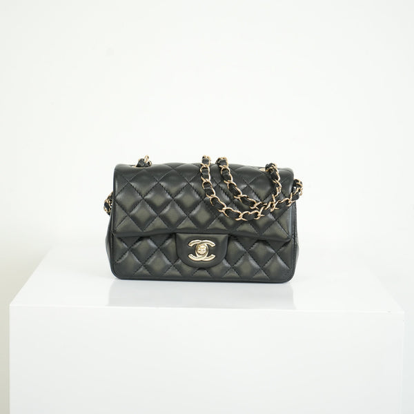 Chanel Mini Classic Black Lambskin W/Champagne Gold Flap Bag Full Set