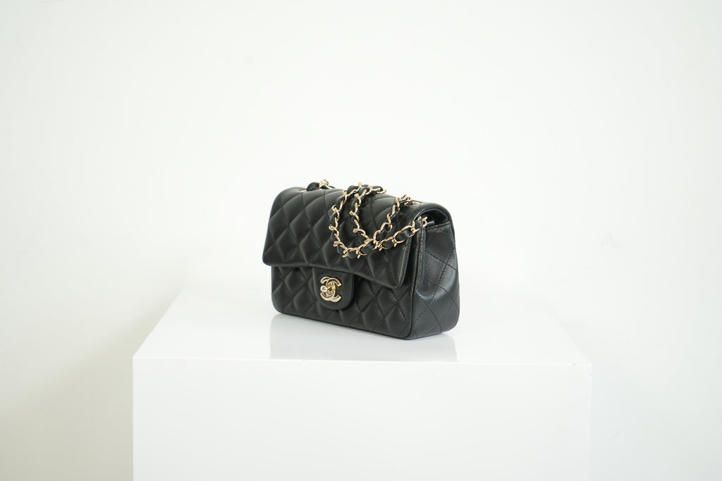 Chanel Mini Classic Black Lambskin W/Champagne Gold Flap Bag Full Set