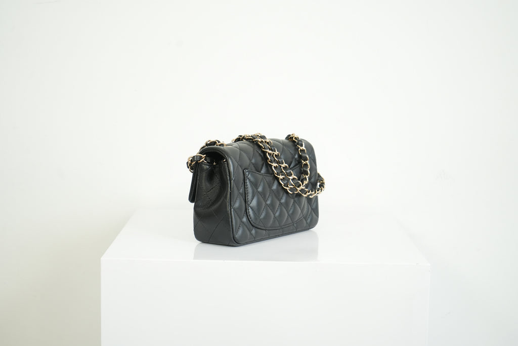 Chanel Mini Classic Black Lambskin W/Champagne Gold Flap Bag Full Set