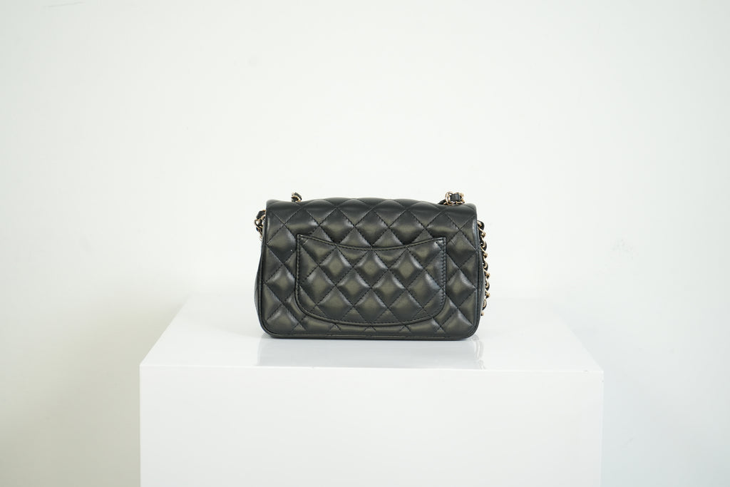 Chanel Mini Classic Black Lambskin W/Champagne Gold Flap Bag Full Set