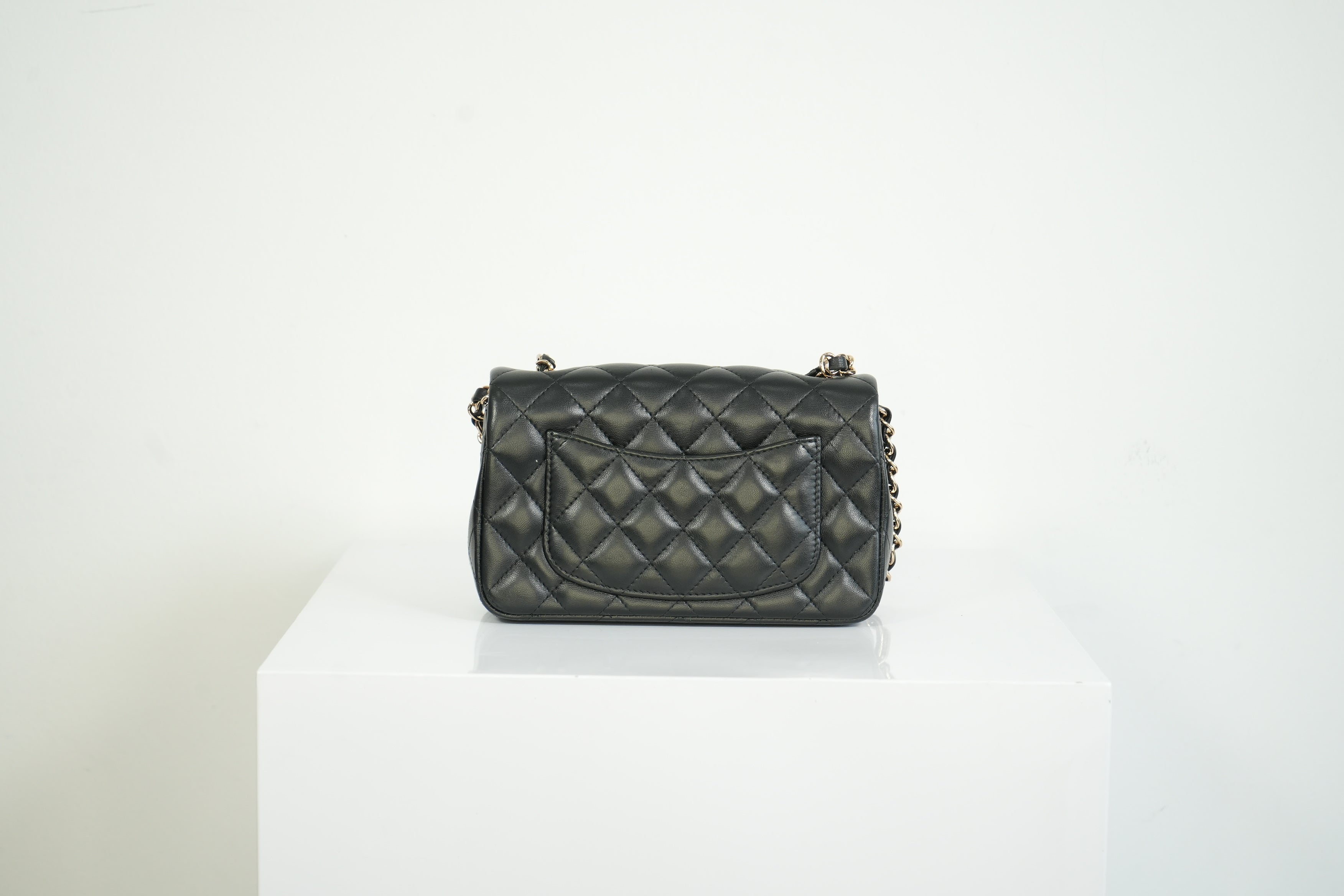 Chanel Mini Classic Black Lambskin W/Champagne Gold Flap Bag Full Set