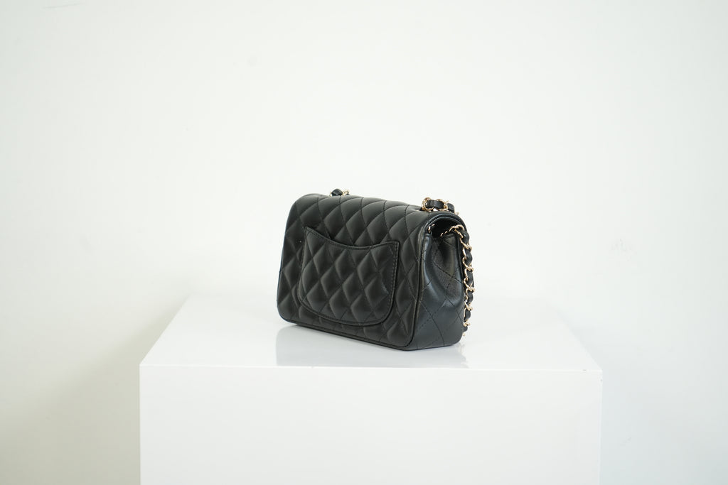 Chanel Mini Classic Black Lambskin W/Champagne Gold Flap Bag Full Set