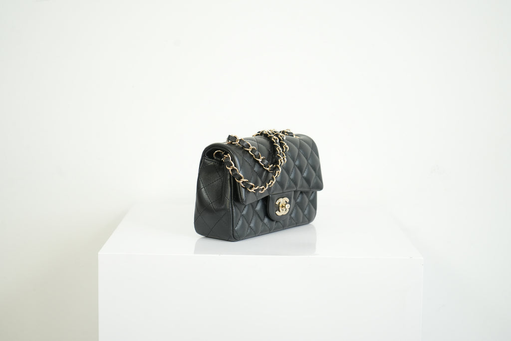Chanel Mini Classic Black Lambskin W/Champagne Gold Flap Bag Full Set