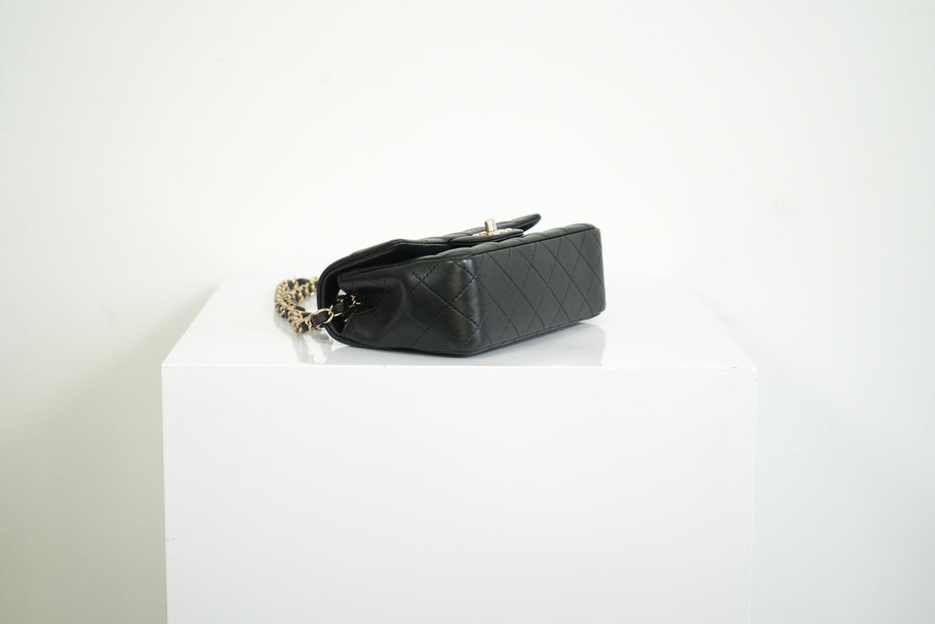 Chanel Mini Classic Black Lambskin W/Champagne Gold Flap Bag Full Set