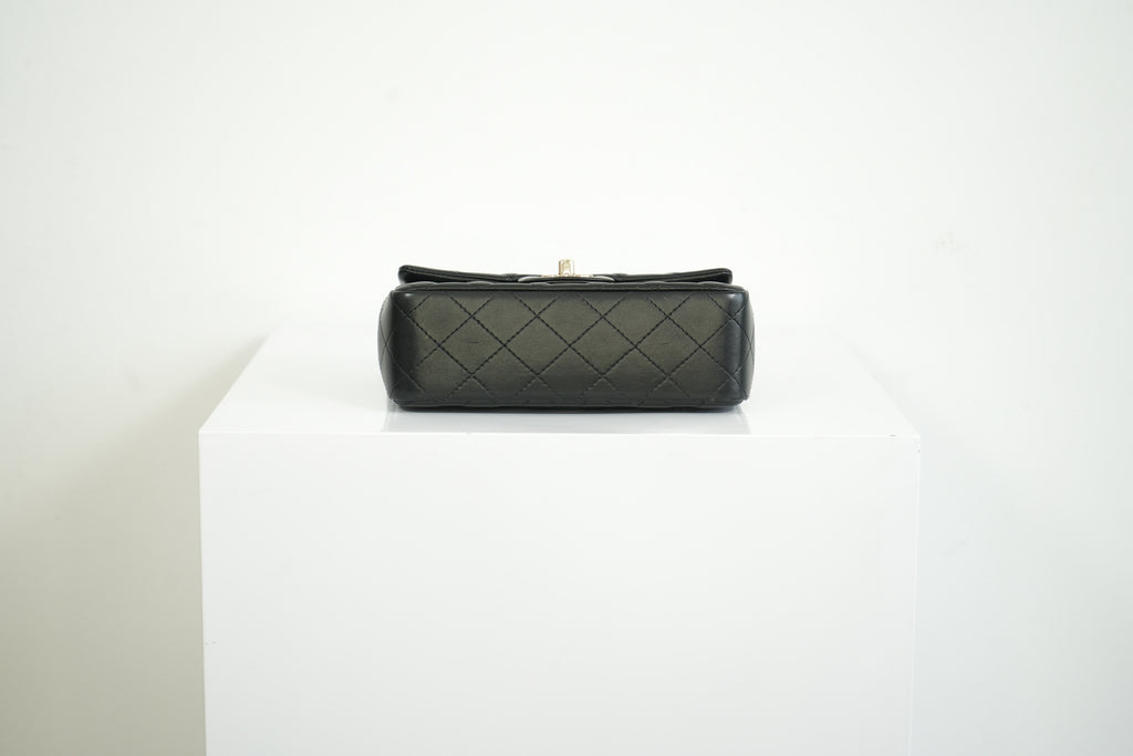 Chanel Mini Classic Black Lambskin W/Champagne Gold Flap Bag Full Set