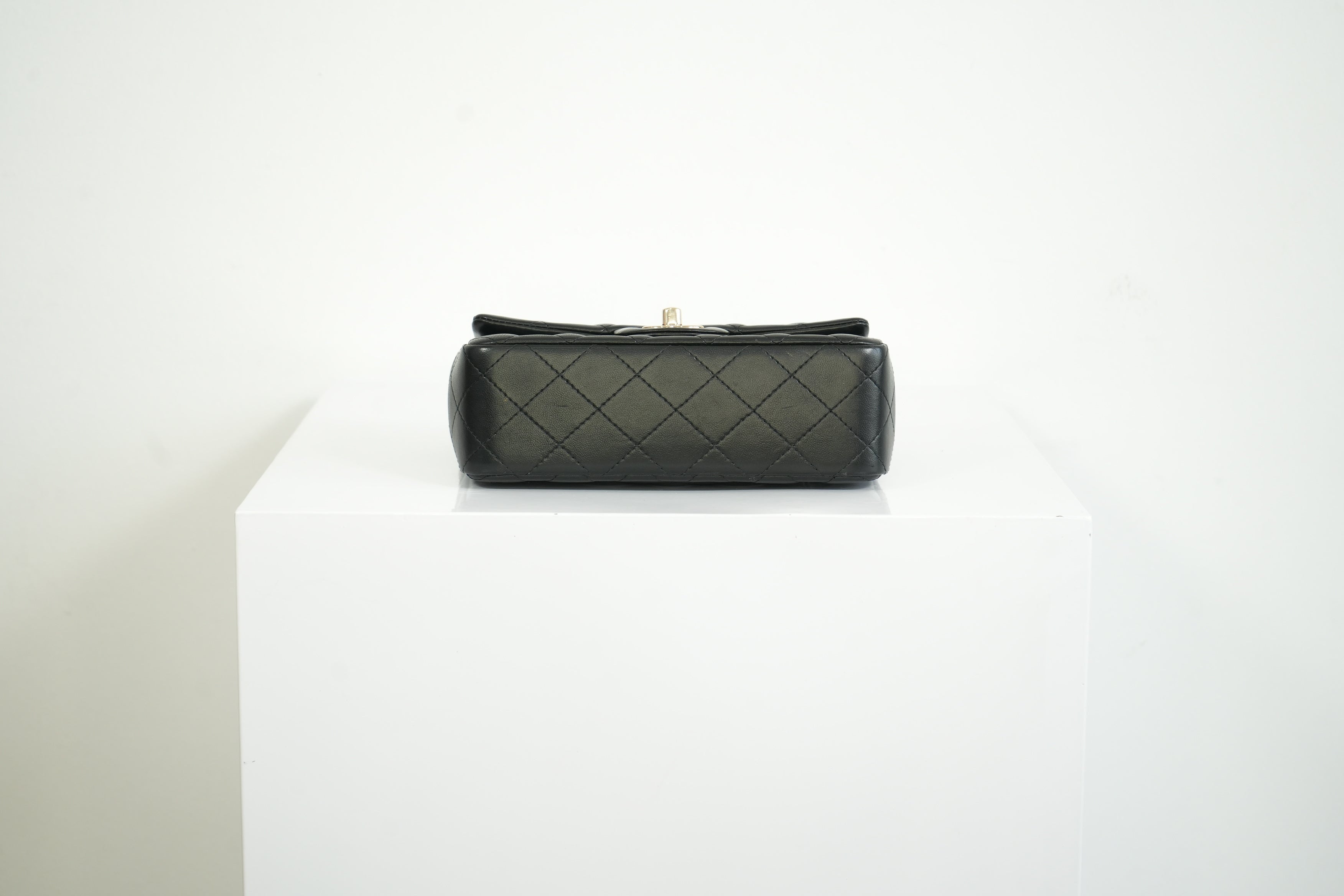 Chanel Mini Classic Black Lambskin W/Champagne Gold Flap Bag Full Set