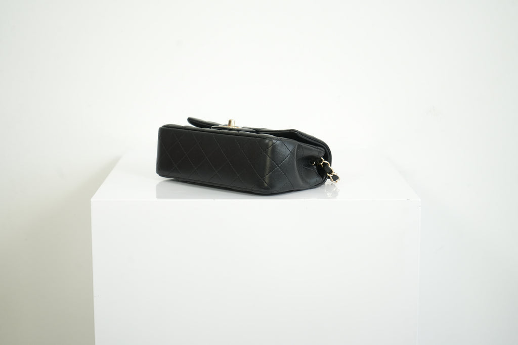 Chanel Mini Classic Black Lambskin W/Champagne Gold Flap Bag Full Set