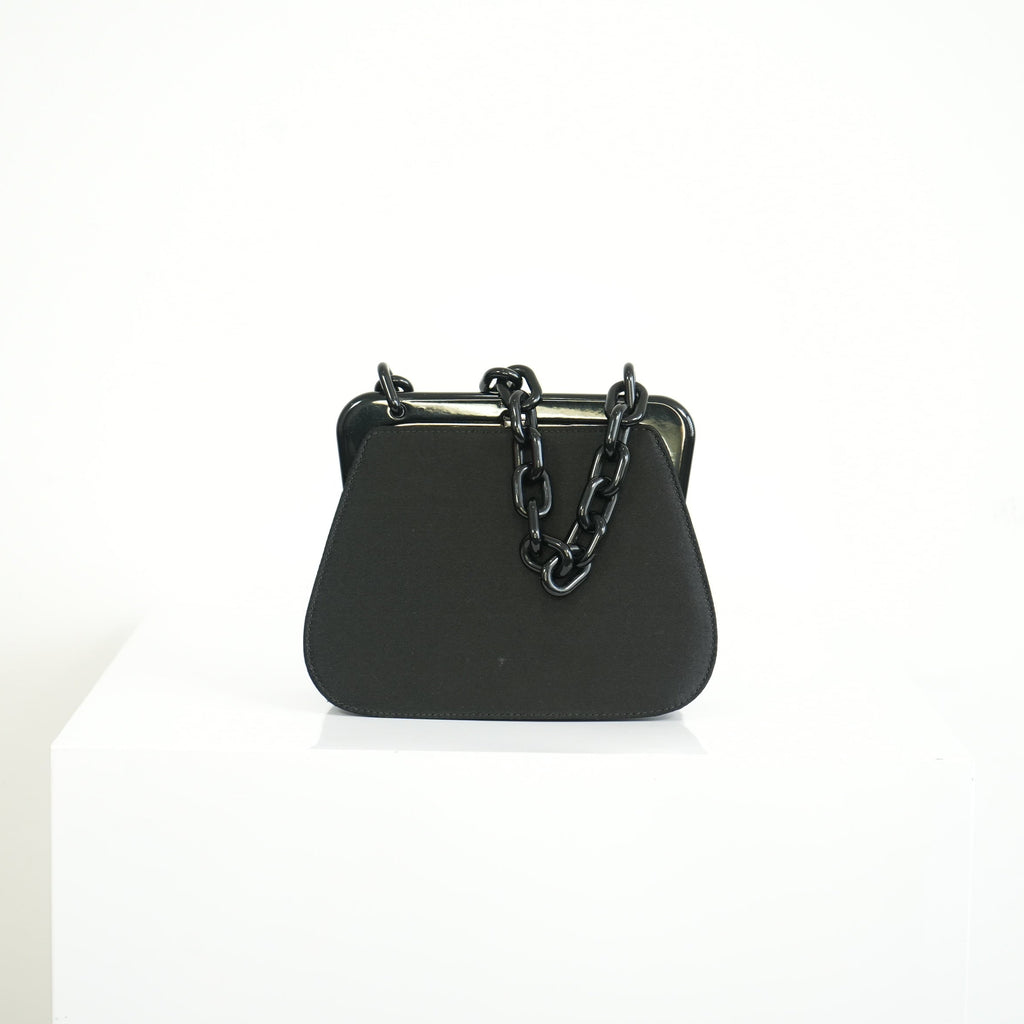 Prada Black Satin Plastic Chain Kiss Lock Shoulder Bag Vintage