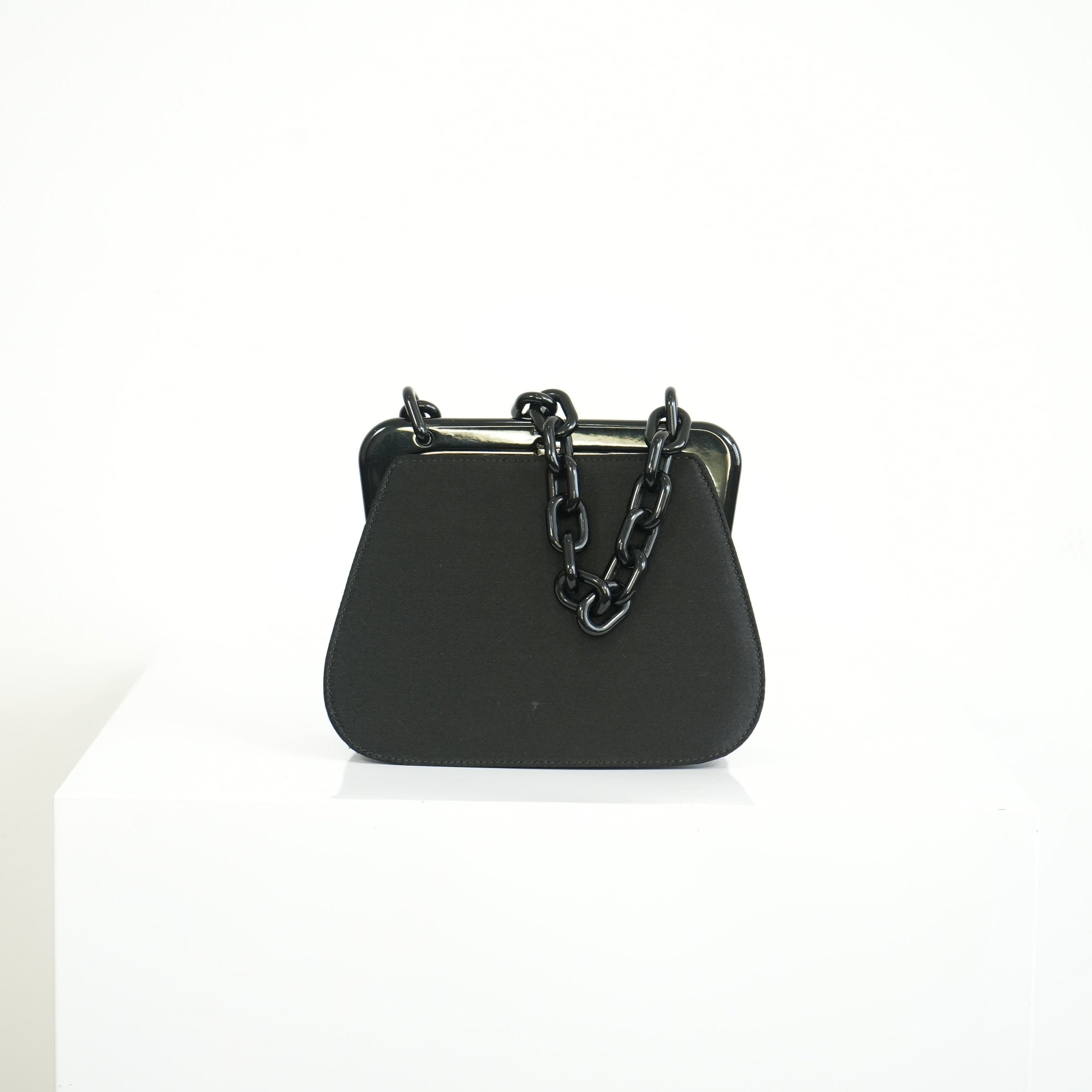 Prada Black Satin Plastic Chain Kiss Lock Shoulder Bag Vintage