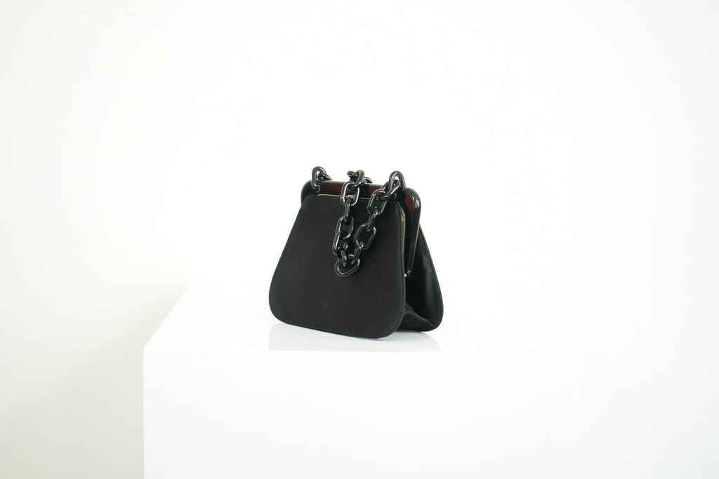 Prada Black Satin Plastic Chain Kiss Lock Shoulder Bag Vintage