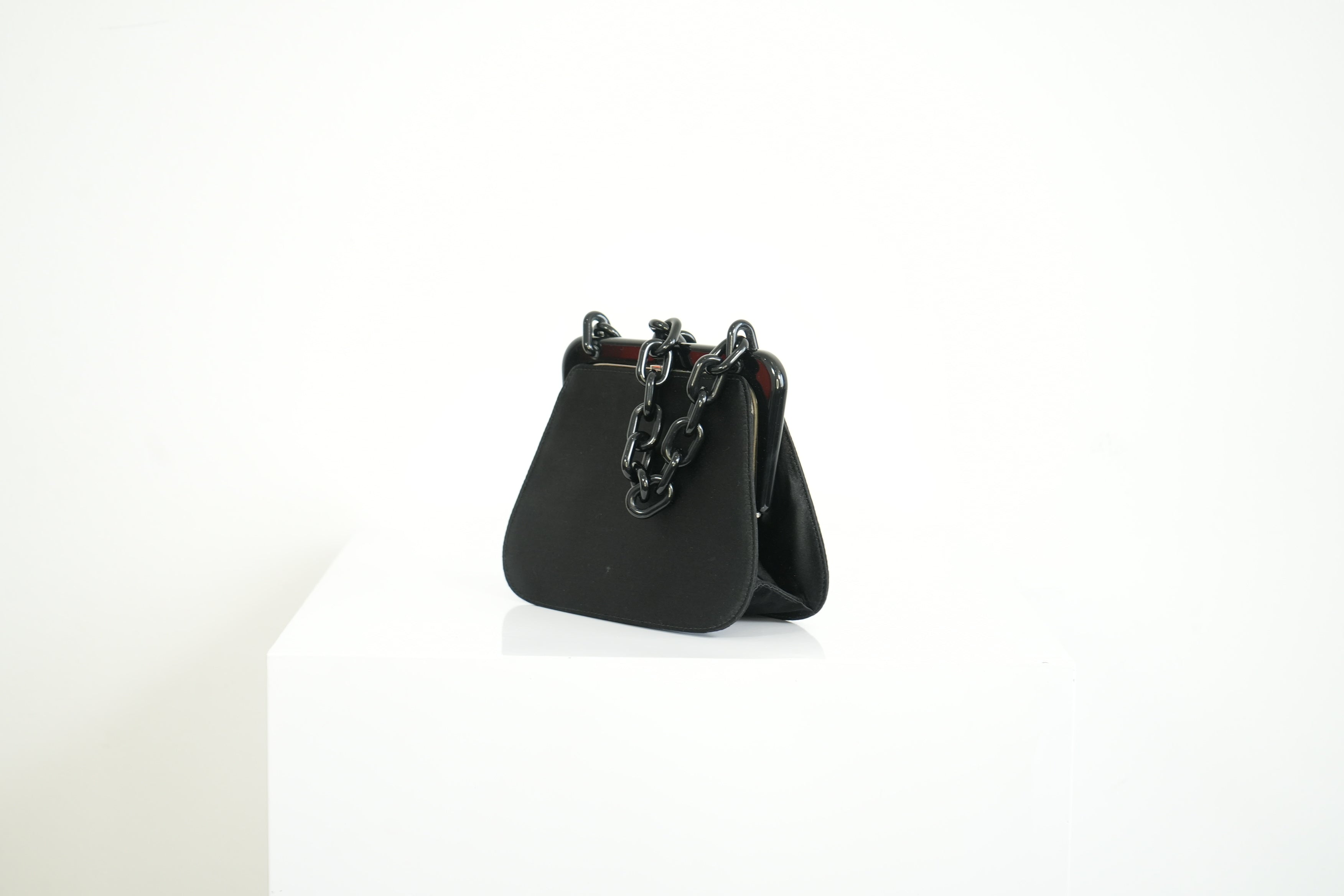 Prada Black Satin Plastic Chain Kiss Lock Shoulder Bag Vintage