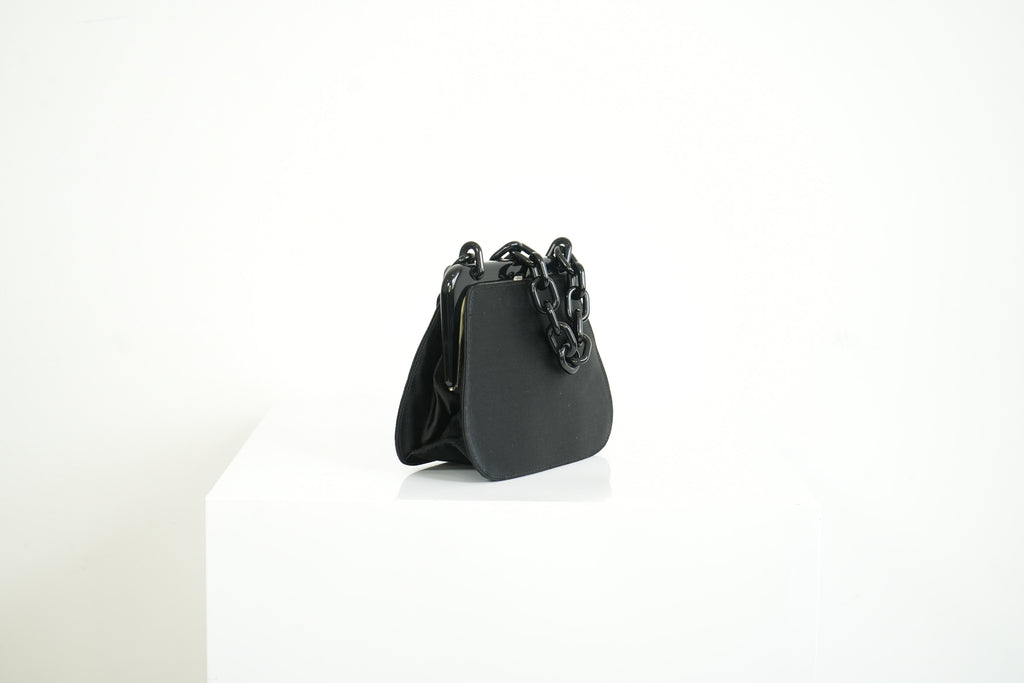 Prada Black Satin Plastic Chain Kiss Lock Shoulder Bag Vintage