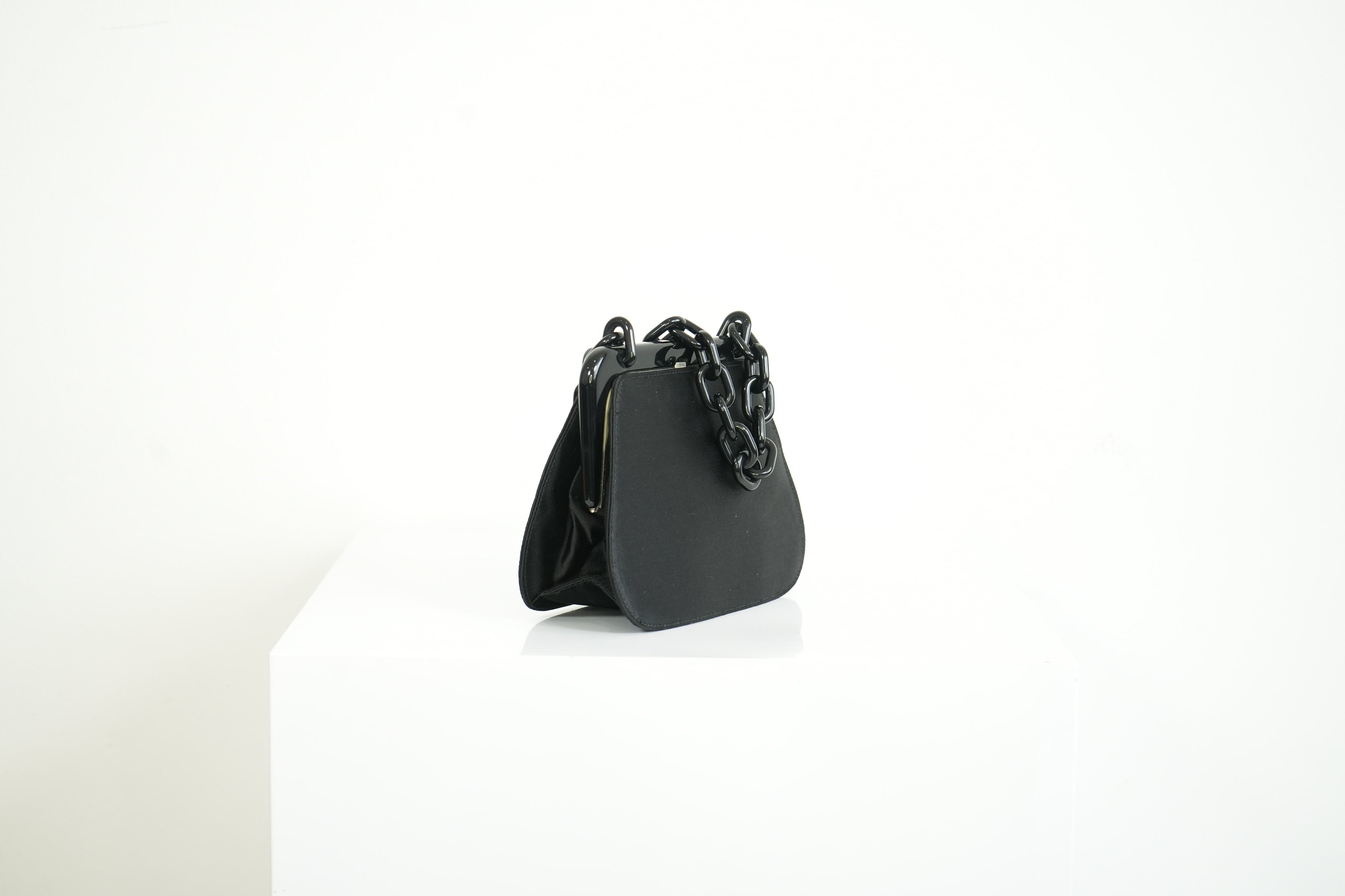 Prada Black Satin Plastic Chain Kiss Lock Shoulder Bag Vintage