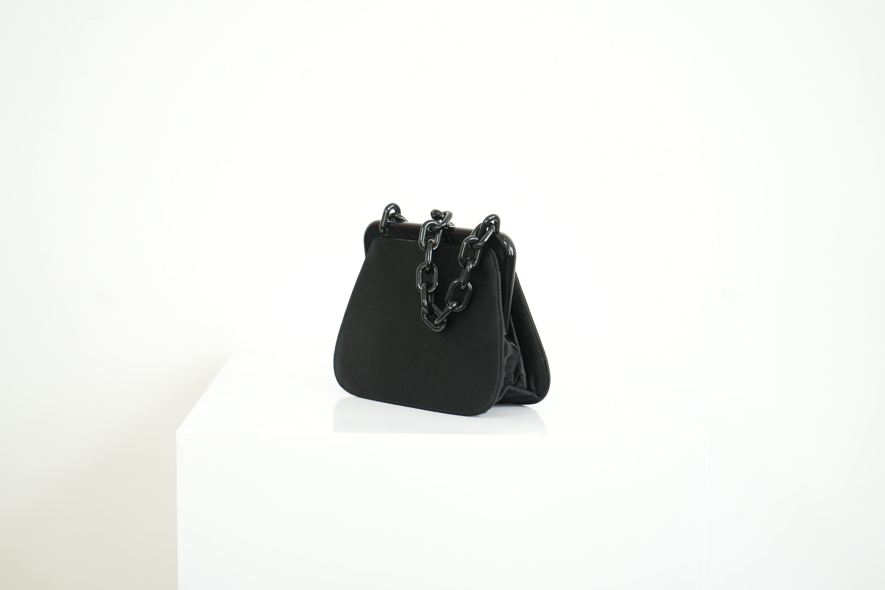 Prada Black Satin Plastic Chain Kiss Lock Shoulder Bag Vintage