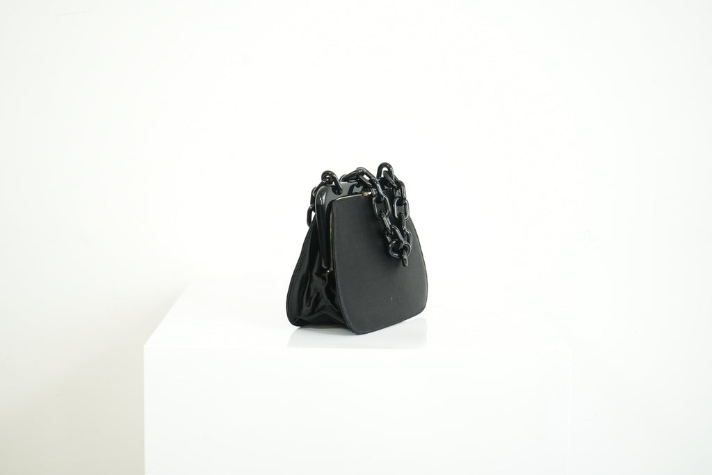Prada Black Satin Plastic Chain Kiss Lock Shoulder Bag Vintage