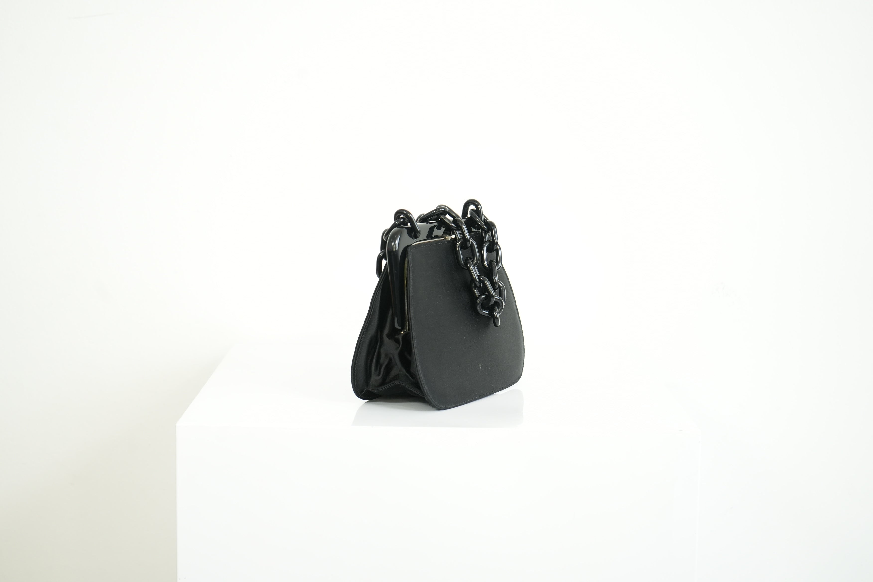 Prada Black Satin Plastic Chain Kiss Lock Shoulder Bag Vintage