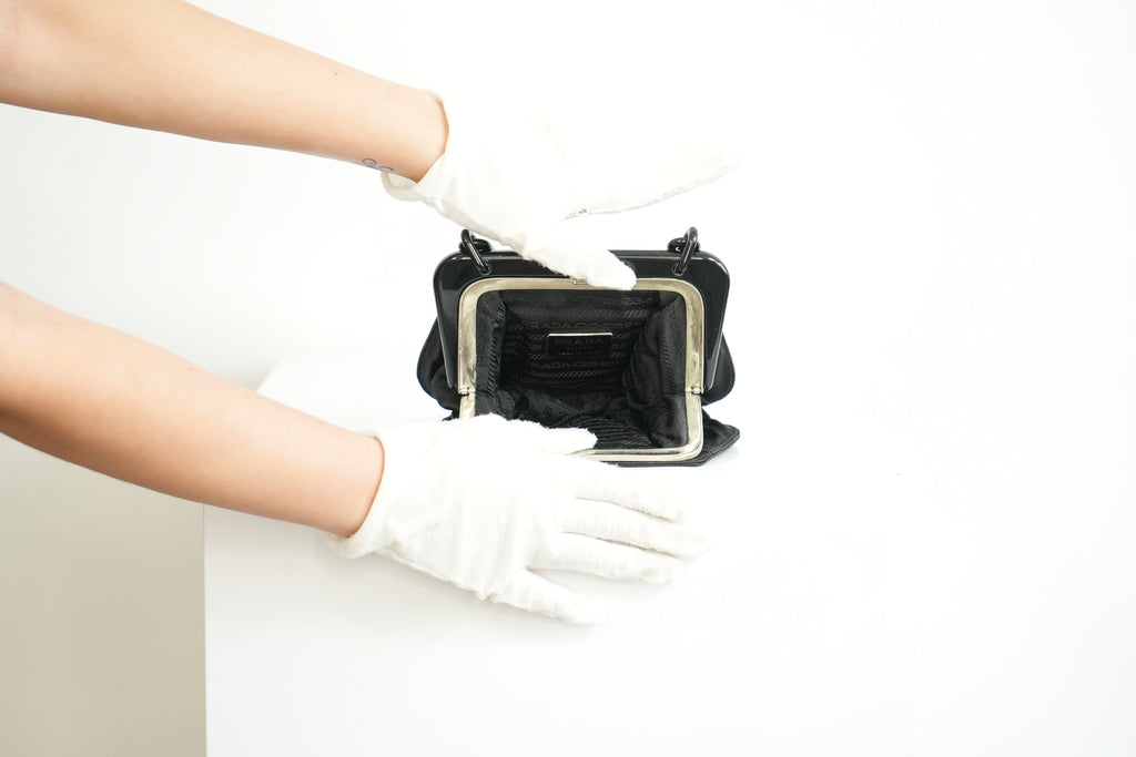 Prada Black Satin Plastic Chain Kiss Lock Shoulder Bag Vintage