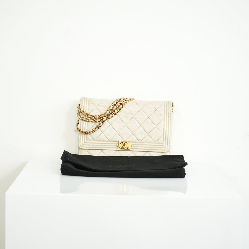 Chanel Beige Boy Wallet On Chain Gold Hardware Full Set