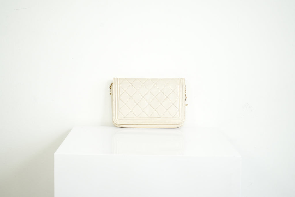 Chanel Beige Boy Wallet On Chain Gold Hardware Full Set