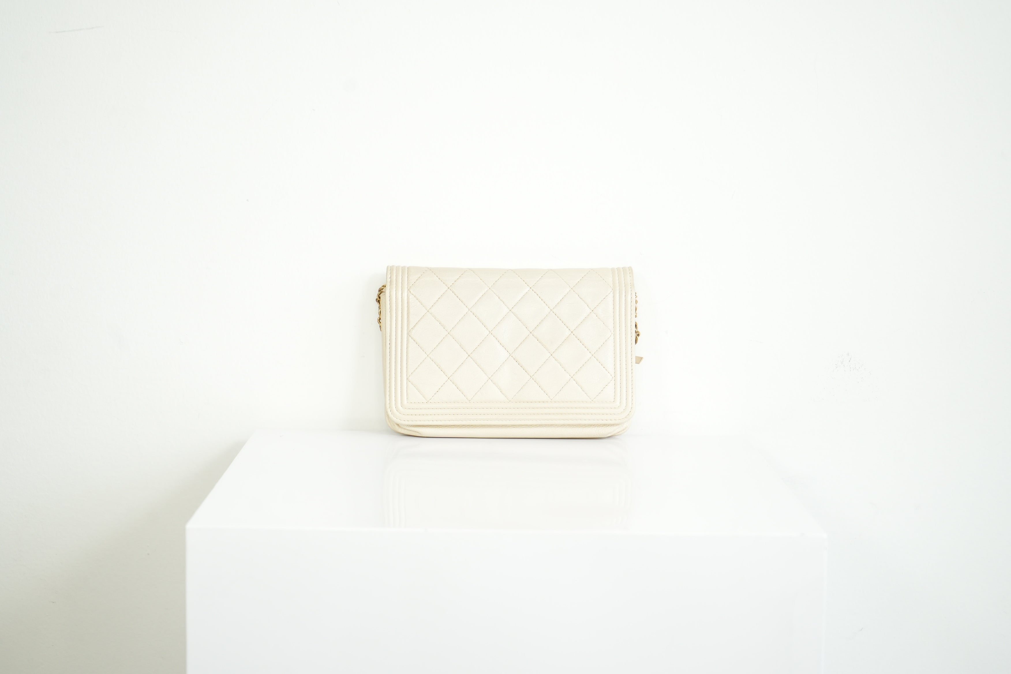 Chanel Beige Boy Wallet On Chain Gold Hardware Full Set