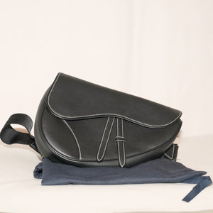 Christian Dior Grained Calfskin Saddle Bag Med in black contrasting white stitches (dustbag)