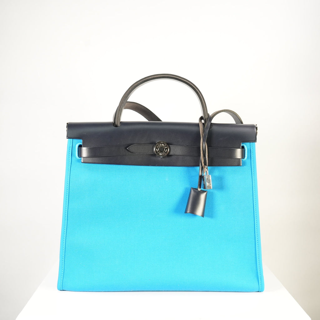 Hermes Toile 31 Herbag Bleu Riviera W/Black Top Handle (blue)