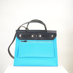 Hermes Toile 31 Herbag Bleu Riviera W/Black Top Handle (blue)