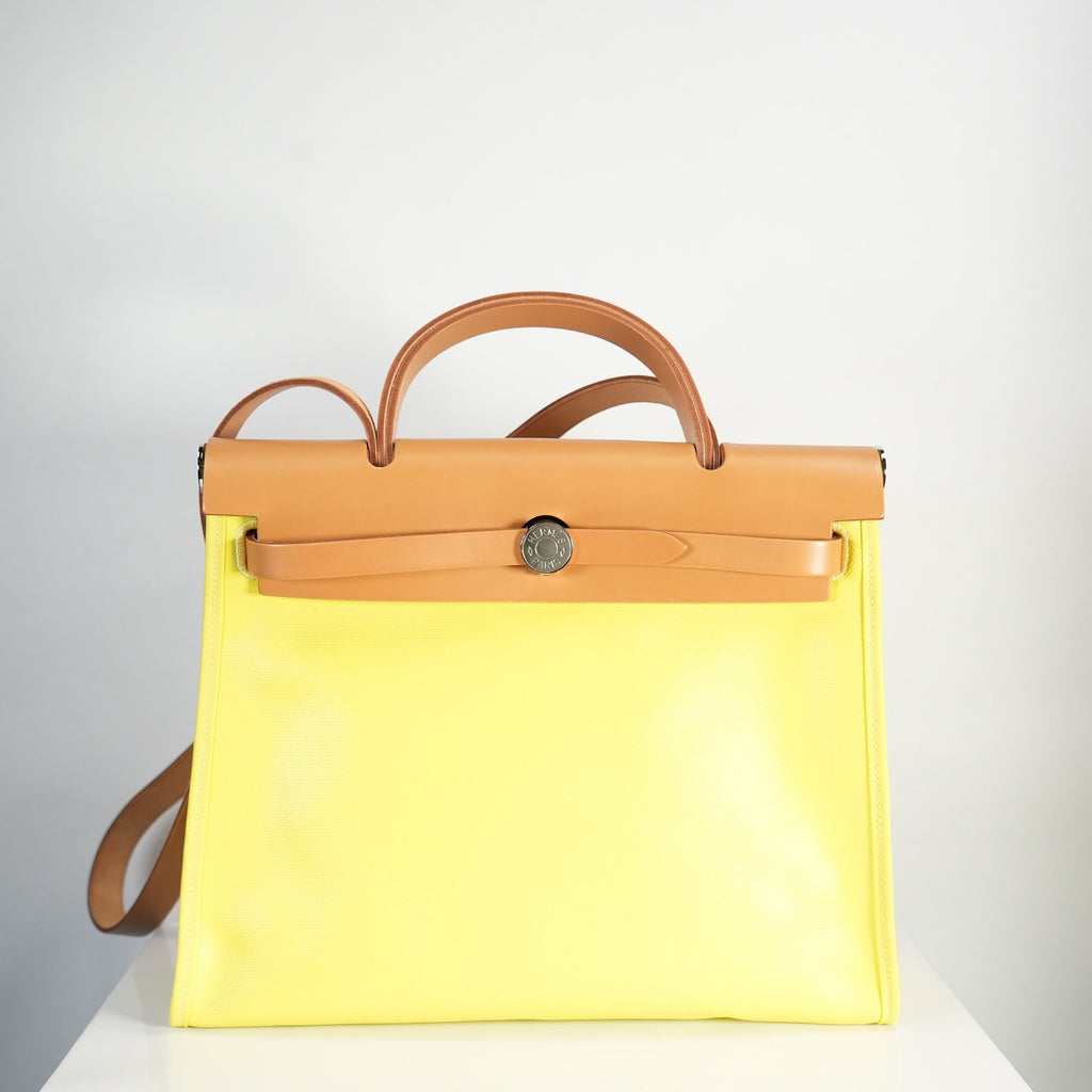Hermes Toile 31 Herbag Yellow W/Tan Top Handle