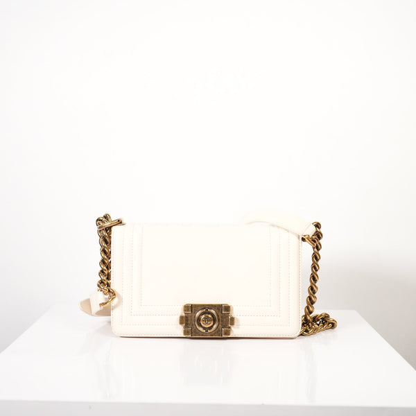 Chanel White Leather Boy Bag Accented with Striking Antiqued Gold-Tone Hardware