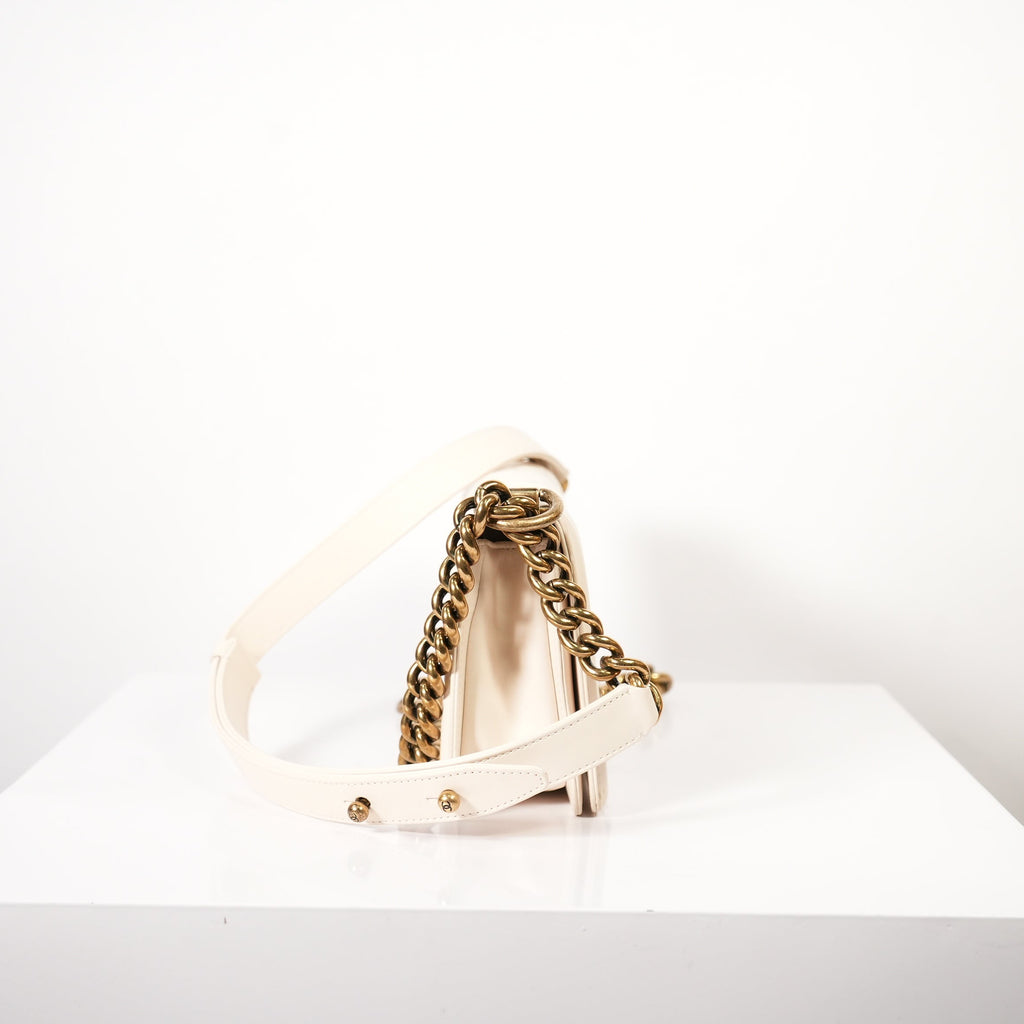 Chanel White Leather Boy Bag Accented with Striking Antiqued Gold-Tone Hardware