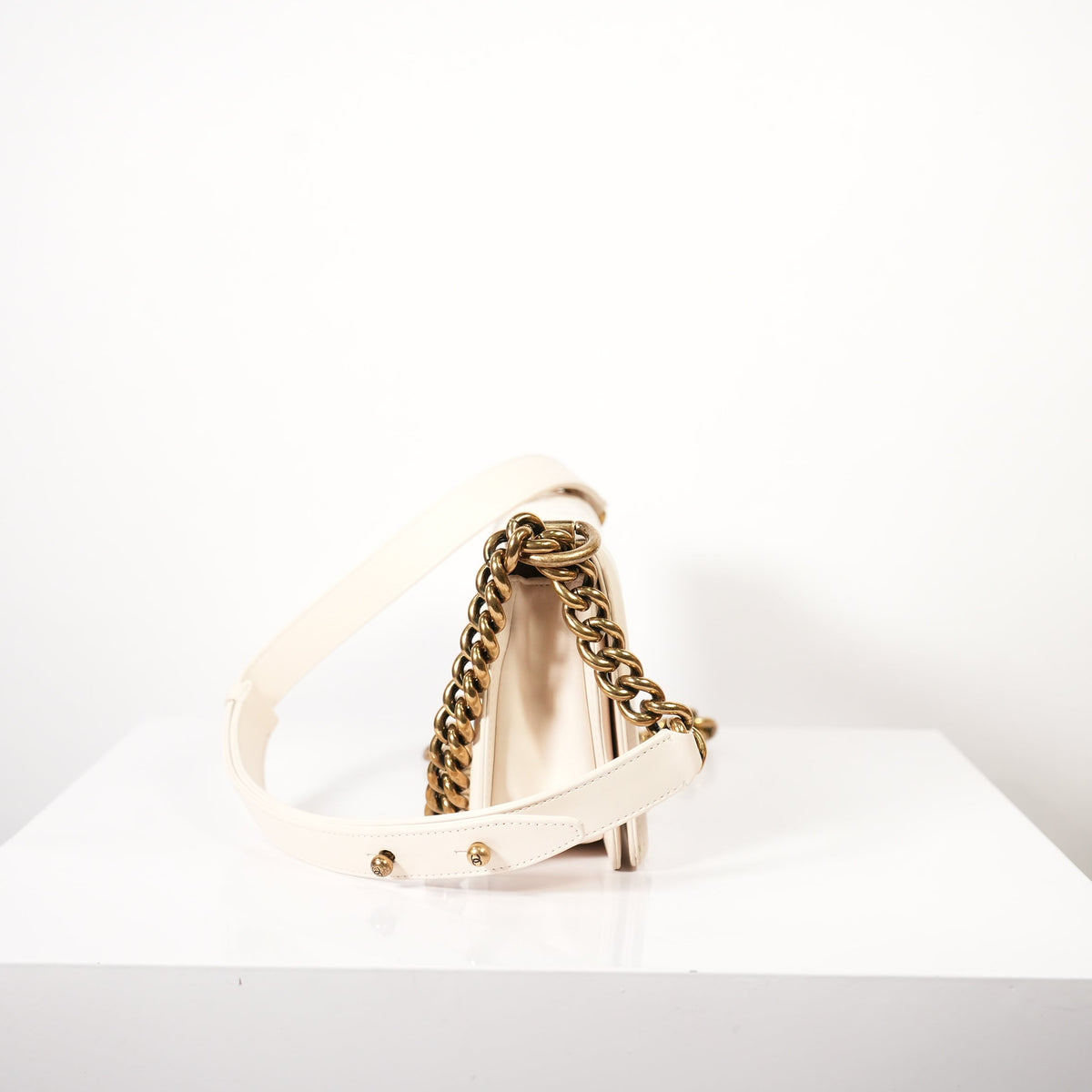 Chanel White Leather Boy Bag Accented with Striking Antiqued Gold-Tone Hardware