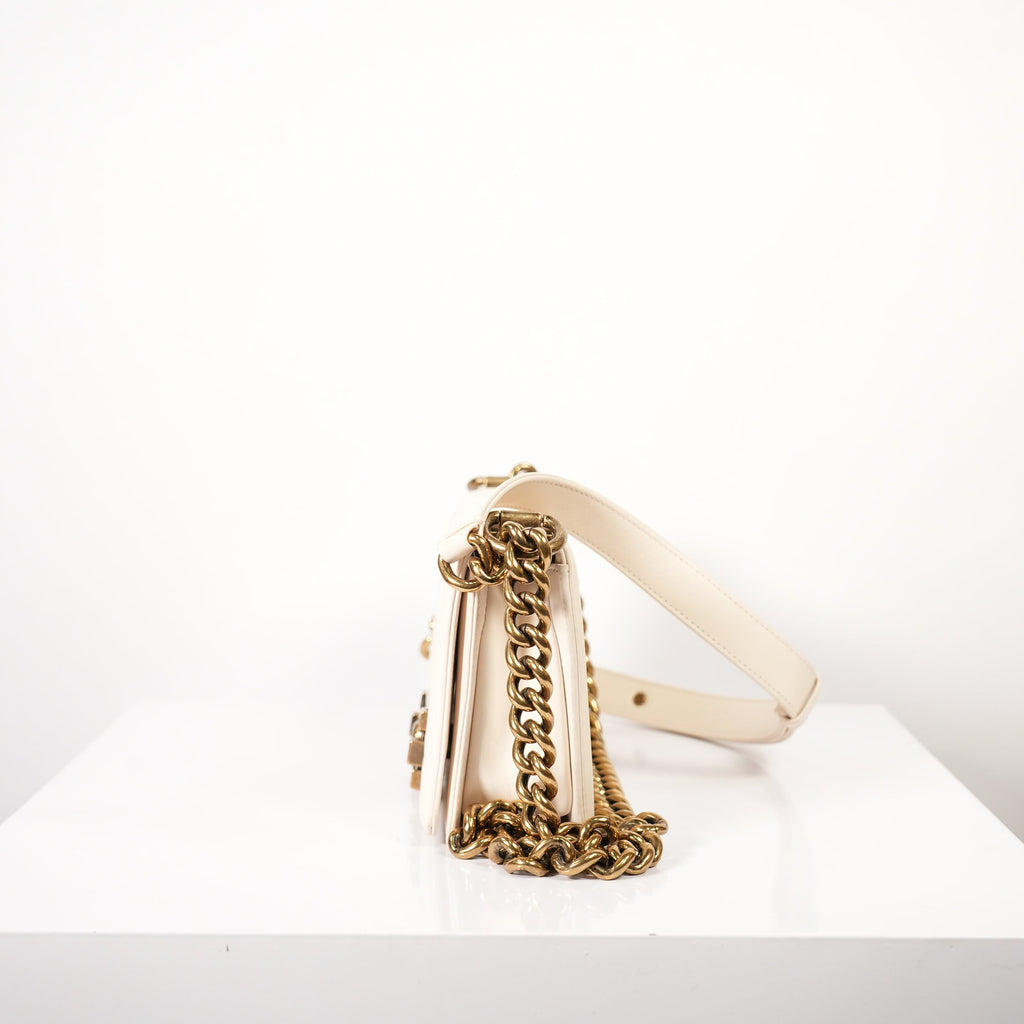 Chanel White Leather Boy Bag Accented with Striking Antiqued Gold-Tone Hardware