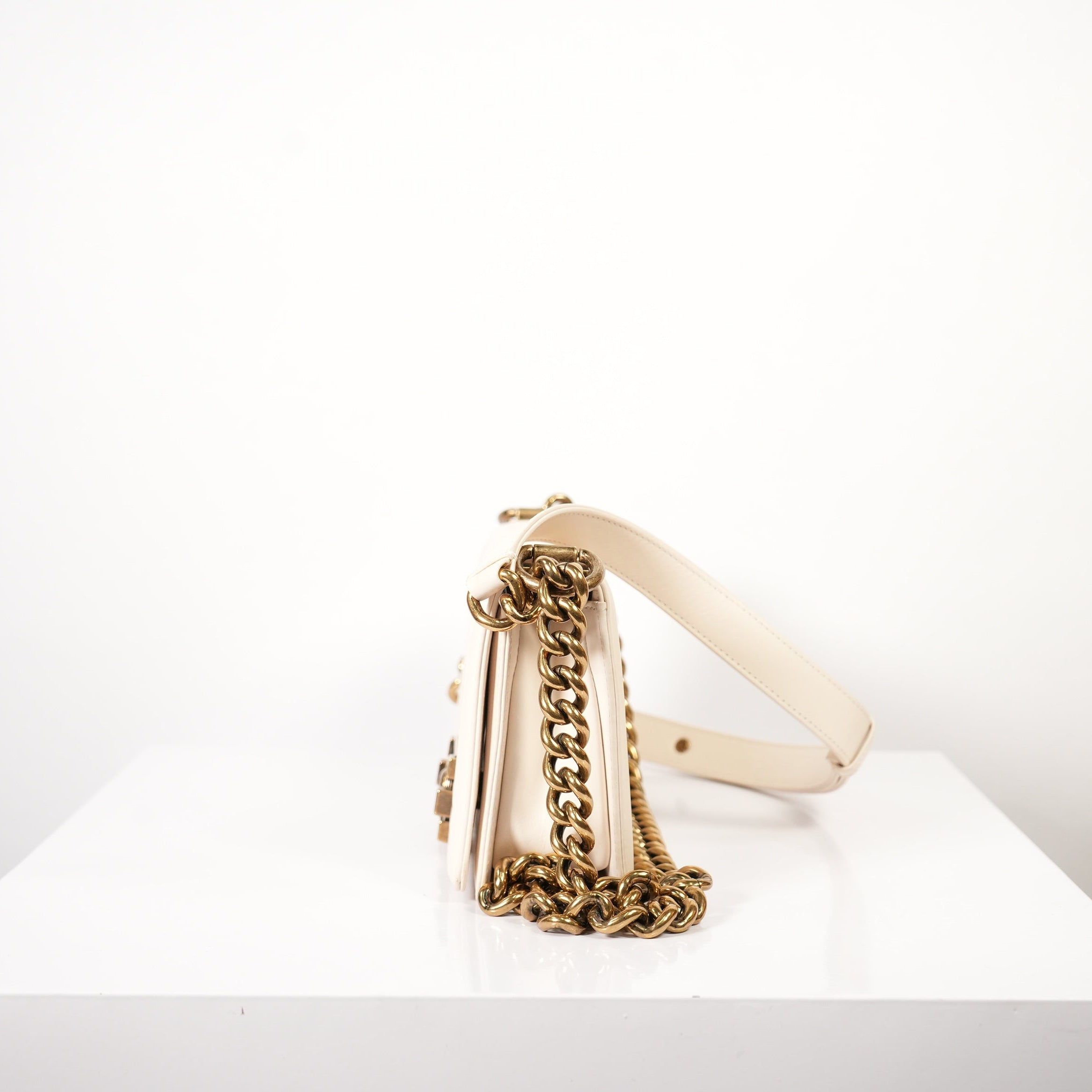 Chanel White Leather Boy Bag Accented with Striking Antiqued Gold-Tone Hardware