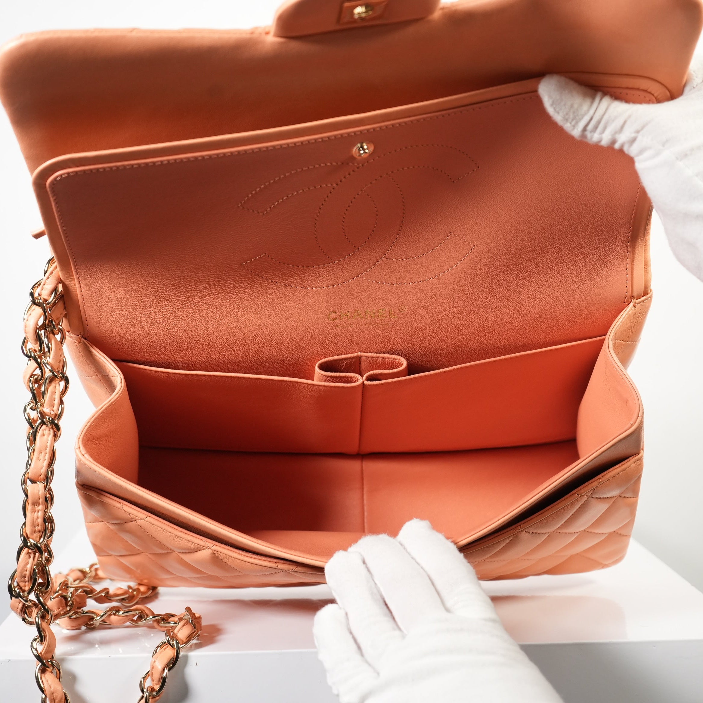 Chanel Peach Quilted Lambskin Classic Double Flap Bag