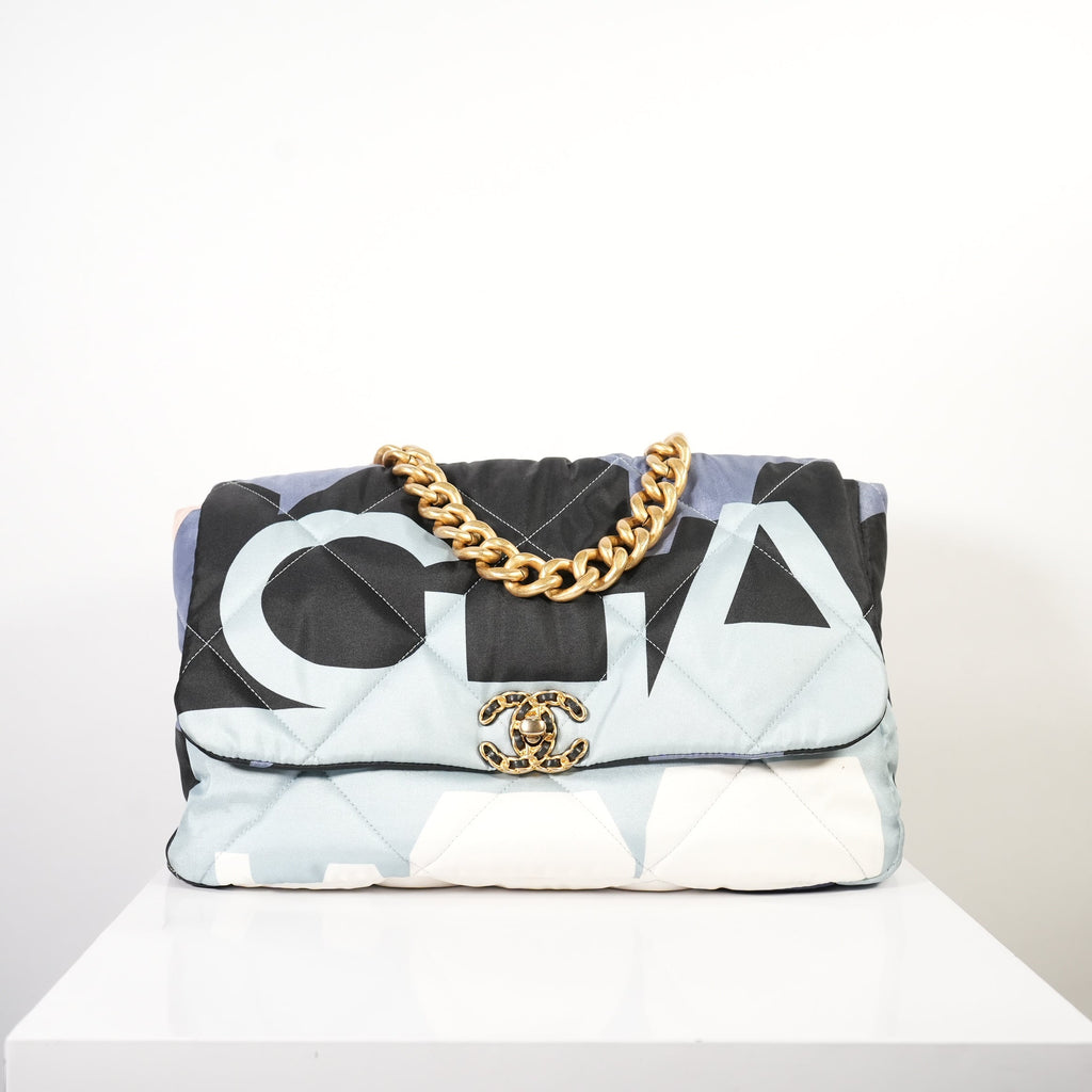 Chanel 19 Maxi Blue Black Silk Flap Bag W/ Dust bag