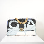 Chanel 19 Maxi Blue Black Silk Flap Bag W/ Dust bag