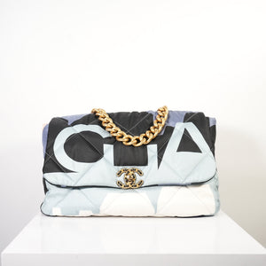 Chanel 19 Maxi Blue Black Silk Flap Bag W/ Dust bag