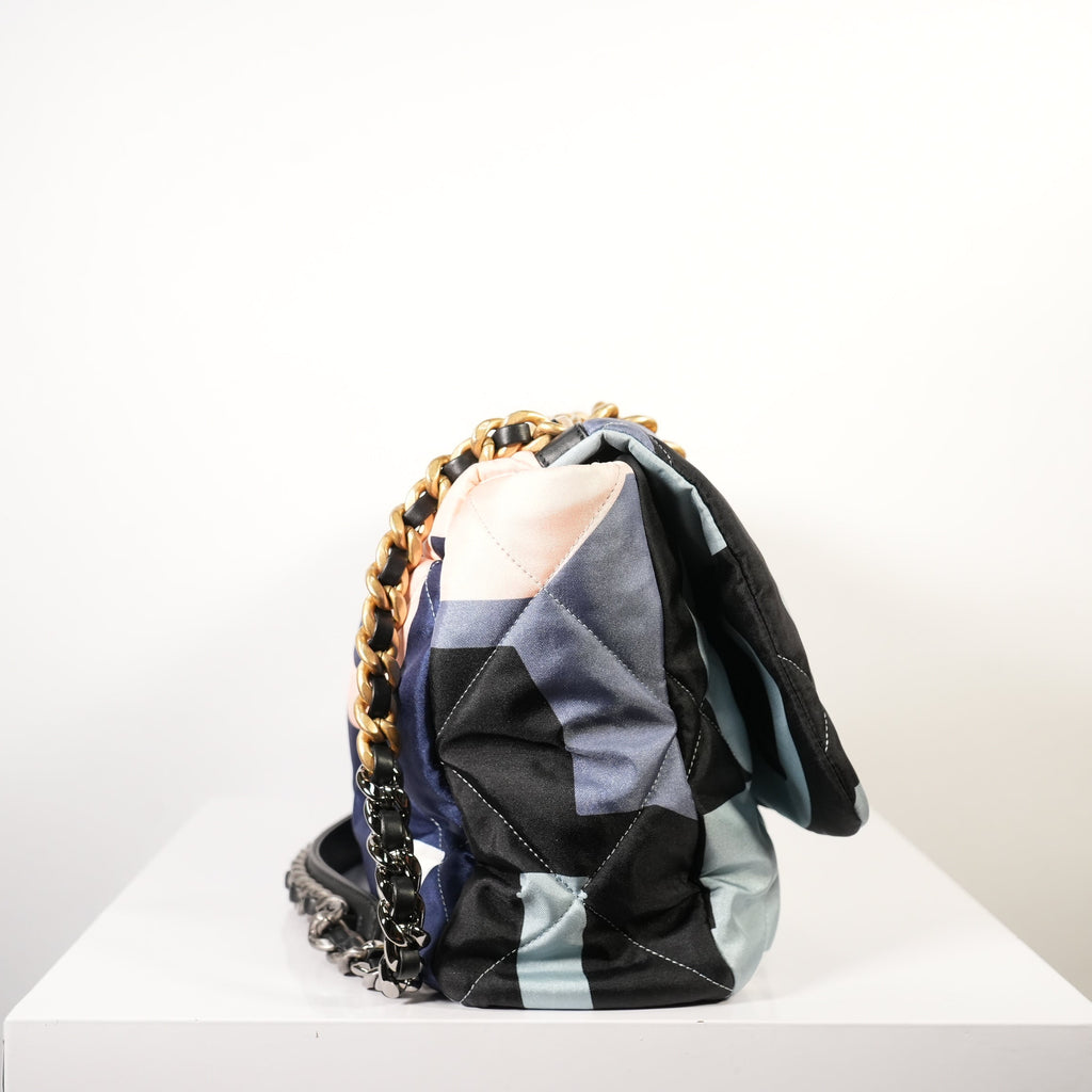 Chanel 19 Maxi Blue Black Silk Flap Bag W/ Dust bag