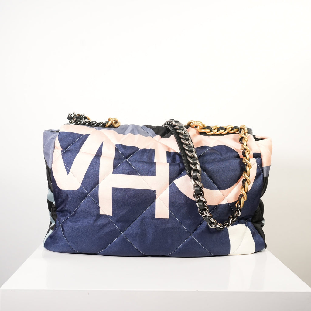 Chanel 19 Maxi Blue Black Silk Flap Bag W/ Dust bag