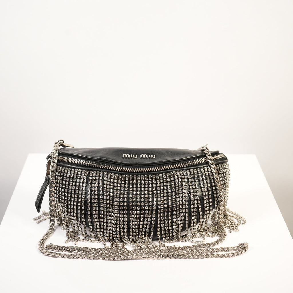 Miu Miu Nappa Crystal Fringe Belt Bag in black leather & crystal fringe (dustbag)