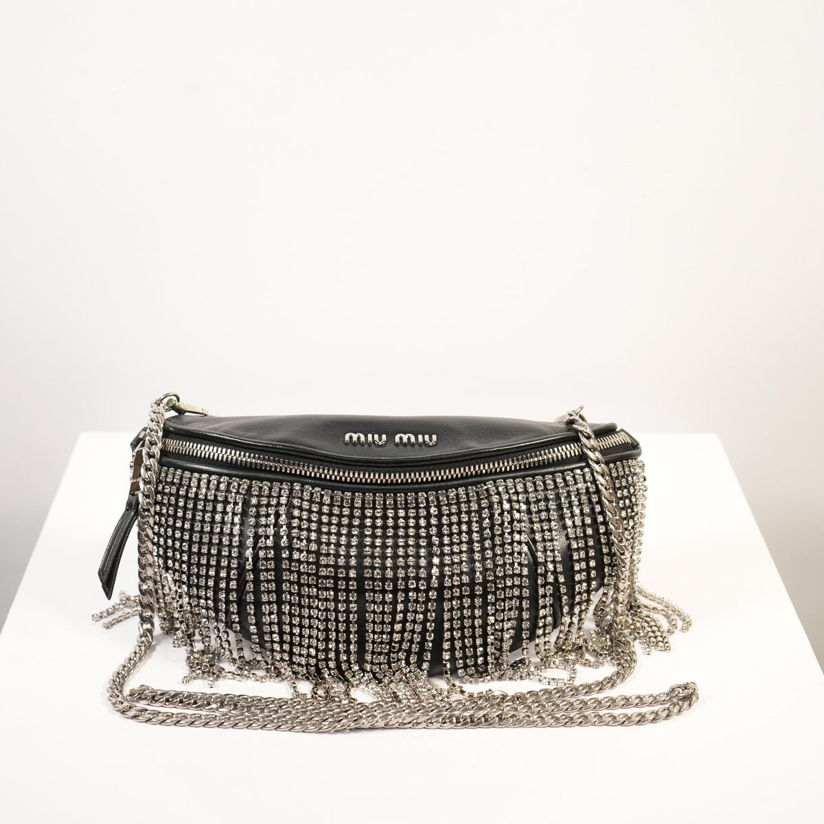 Miu Miu Nappa Crystal Fringe Belt Bag in black leather & crystal fringe (dustbag)