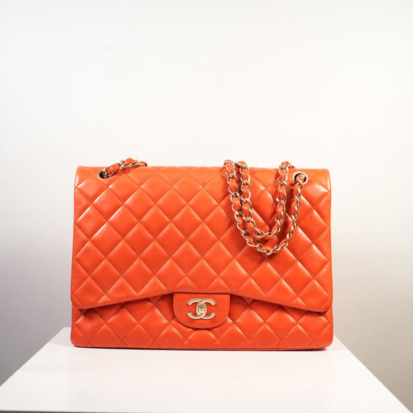 Chanel Orange Quilted Lambskin Leather Classic Maxi Single Flap Bag