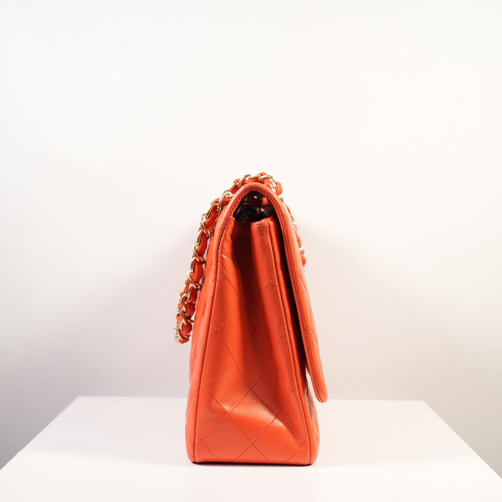 Chanel Orange Quilted Lambskin Leather Classic Maxi Single Flap Bag